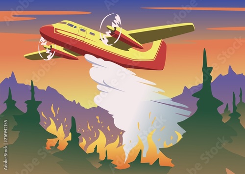 Firefighting plane dropping water on burning forest. Aerial firefighting and wildfire concept in color. Flat vector illustration. Horizontal.