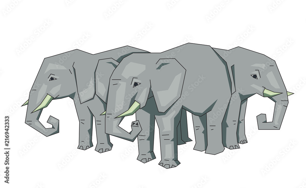 Tree African elephants standing. Flat line vector illustration. Colored cartoon style, isolated on white background.
