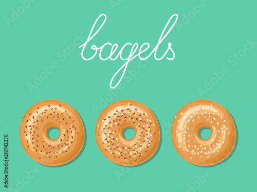 Set of 3 fresh bagels with white and brown sesame seeds on top. Top view of bagels isolated over background. Delicious breakfast. Take away fast food. Vector illustration.