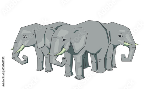 Tree African elephants standing. Flat line vector illustration. Colored cartoon style, isolated on white background.