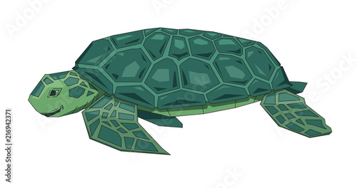 Big green sea turtle, flat Earth concept. Flat line vector illustration. Colored cartoon style, isolated on white background.