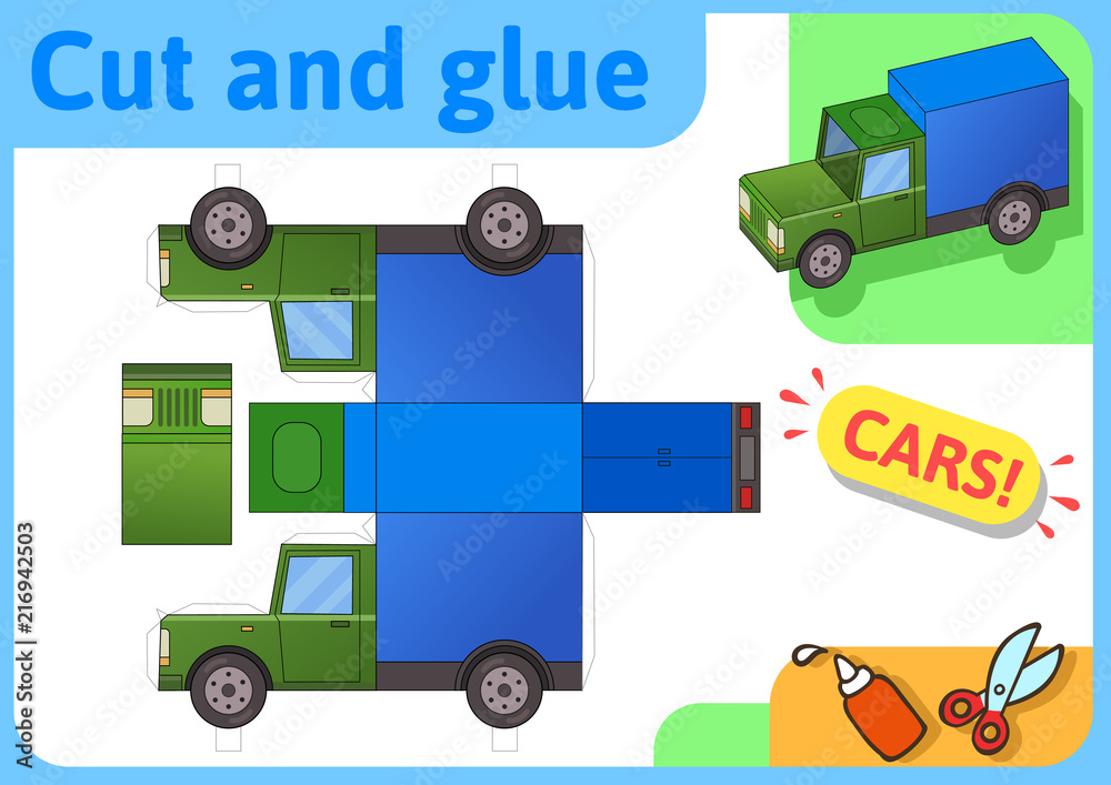 Vetor de Cargo truck paper model. Small home craft project, DIY paper game.  Cut out, fold and glue. Cutouts for children. Vector template. do Stock |  Adobe Stock