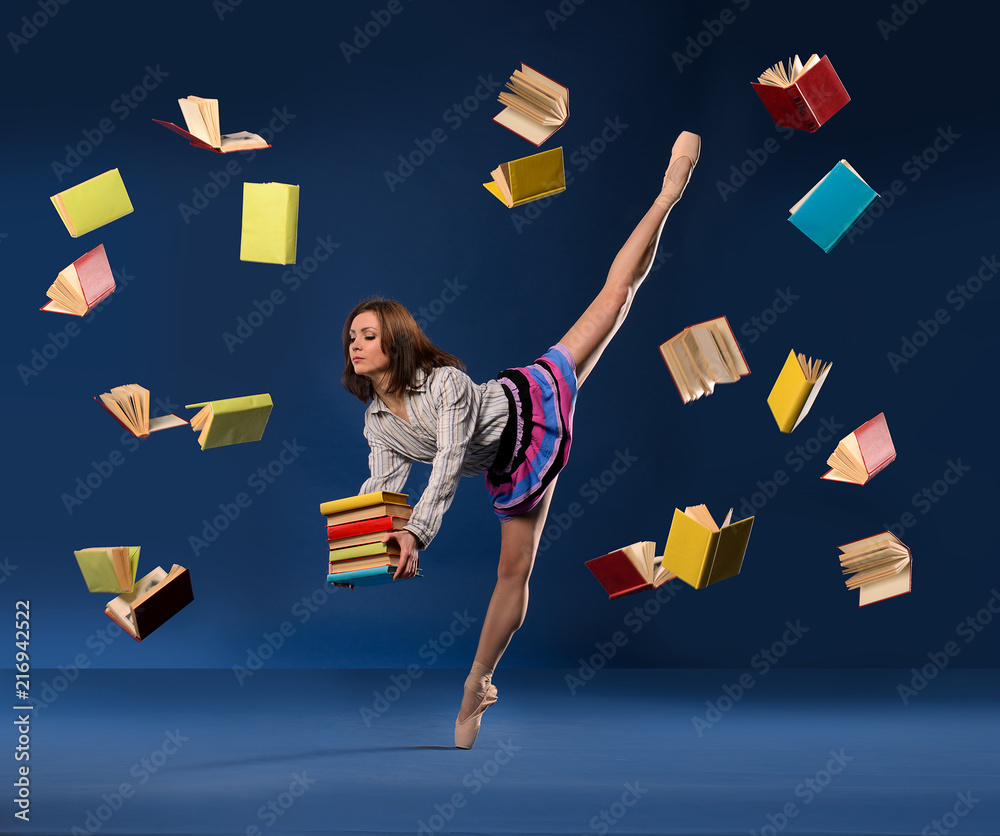 Naklejka premium Ballerina in form of schoolgirl with pile books