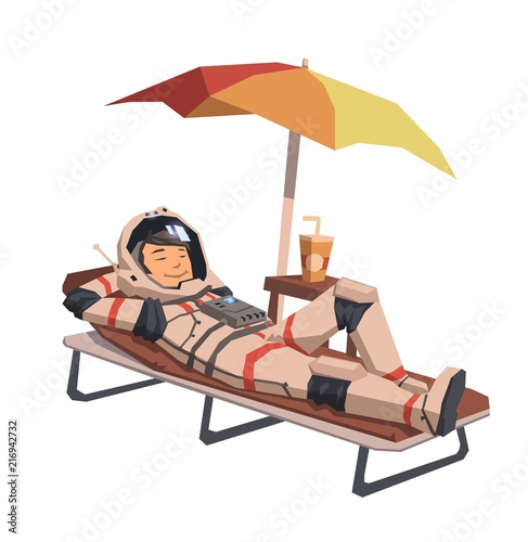 Astronaut in space suit having a cocktail on a sunbed. Space vacation in comfort. Flat vector illustration. Isolated on white background.