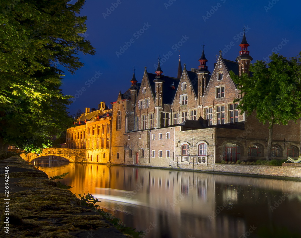 Steenhouwersdijk canal at night, Bruges, Belgium