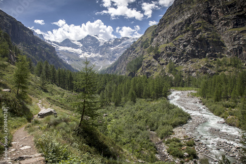 mountain stream in italian national park gran paradiso with snow capped mountains in the background