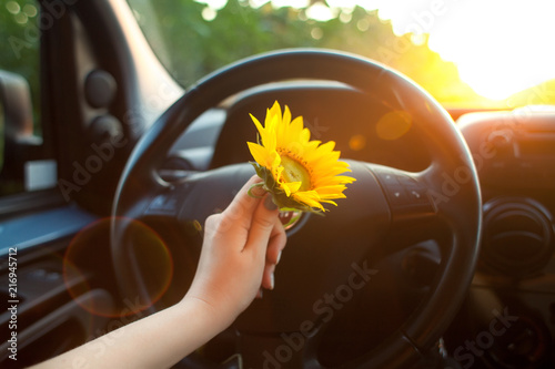 woman holding sunflower flowers in car