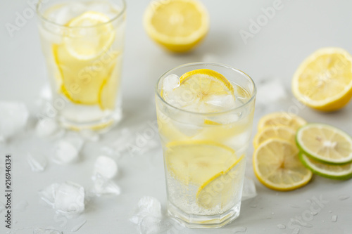 Alcoholic drink (gin and tonic) with lemon, lime, mint and ice.