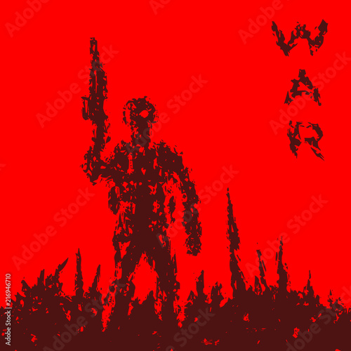 Soldier holds the assault rifle barrel up. Vector illustration.