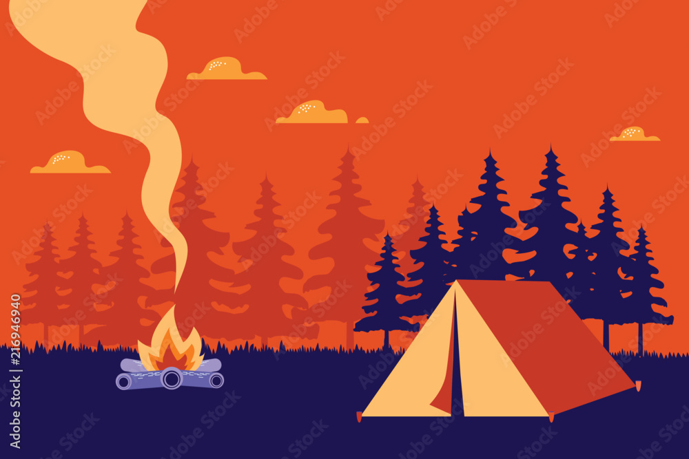 Hiking and camping vector  illustration. - obrazy, fototapety, plakaty 