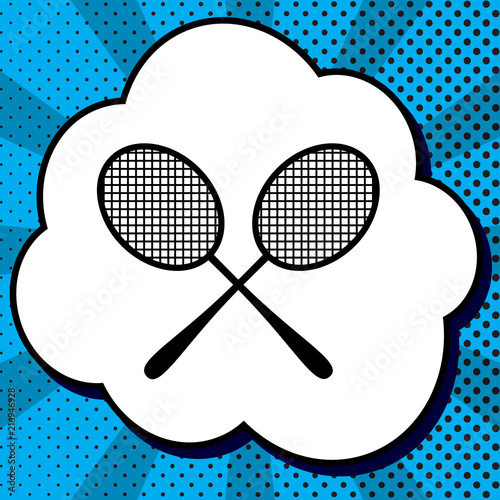 Two tennis racket sign. Vector. Black icon in bubble on blue pop
