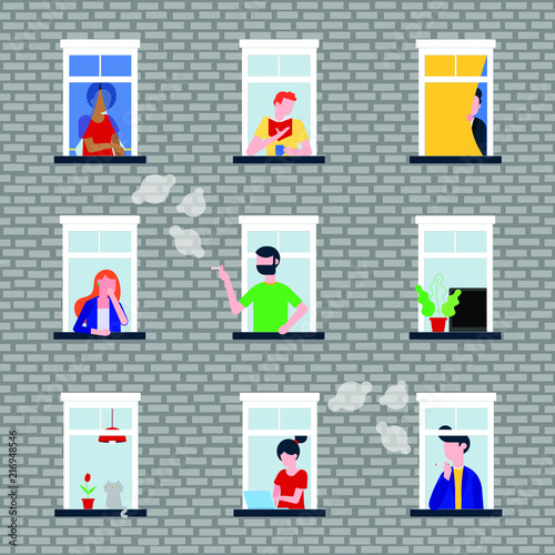Various people in their windows behind brick wall characters flat style vector illustration. Neighbors as is that living in  apartments and do their deeds near windowsill seamless pattern