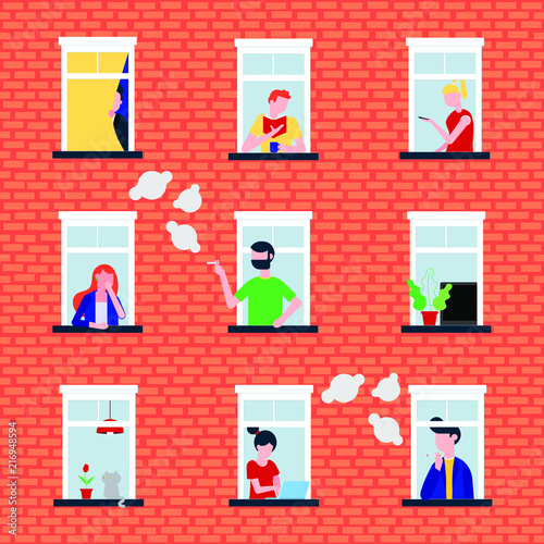Various people in their windows behind brick wall characters flat style vector illustration. Neighbors as is that living in  apartments and do their deeds near windowsill seamless pattern