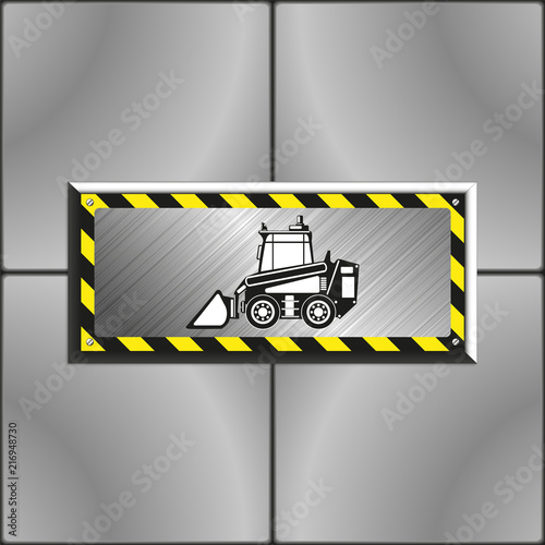 Loader. Image on an industrial metal plate, bolted to the wall of gray slabs. Vector illustration.