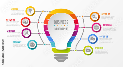 Business infographic - bulb with colourful icons. Vector.
