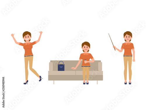 Office woman sitting on sofa, jumping, standing with wooden pointer cartoon character. Working people poses