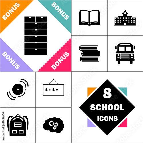 Archive Icon and Set Perfect Back to School pictogram. Contains such Icons as Schoolbook, School  Building, School Bus, Textbooks, Bell, Blackboard, Student Backpack, Brain Learn