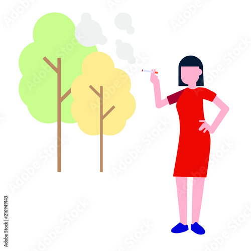 Woman smoking near trees isolated on white background vector illustration. Woman in red dress smokes cigarette flat style design. Concept of smoking women and bad habits