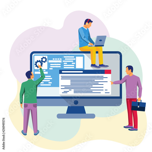 Programmers at work. Programming application development website coding. Software concept. Vector illustration flat design. Prototyping testing, interface development process.
