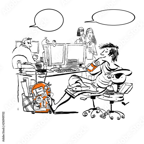 A teenager at work laughs at rebukes and attacks of his angry colleges. Lazy teen at work.