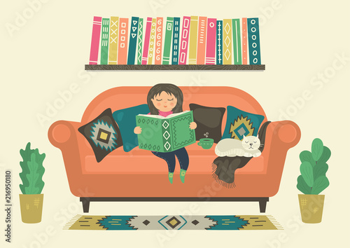 Girl reading book on sofa at home or in library. Original vector illustration.