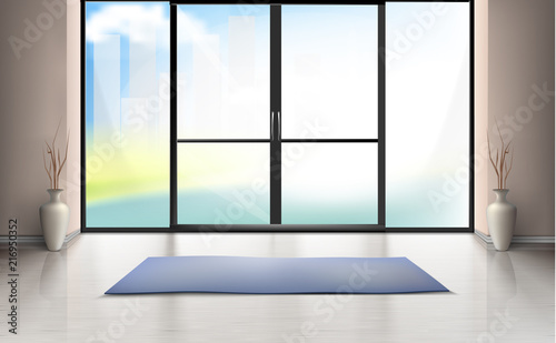 Vector realistic mockup of empty room with large glass door, blue carpet on clean floor and two vases. Hotel or guest house entrance hall, interior scene, template for your creative design