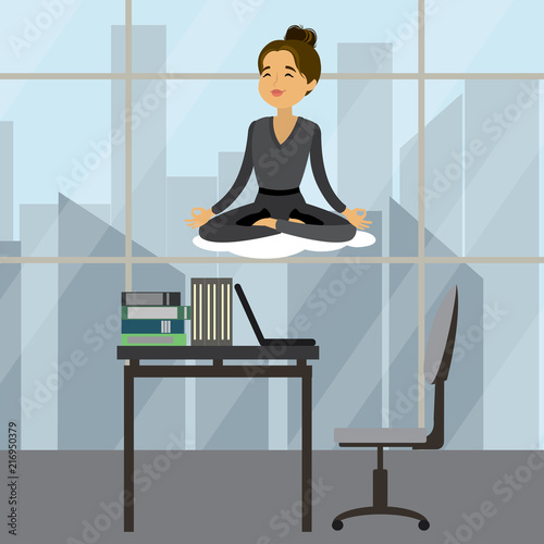 Business woman relax in lotus yoga pose,female in modern office