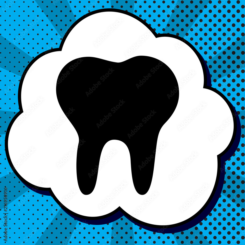 Tooth sign illustration. Vector. Black icon in bubble on blue po Tooth sign illustration. Vector. Black icon in bubble on blue po