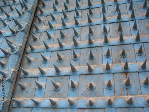 The gate in the old Indian fortress. On the gate there are metal spikes - protection from battle elephants