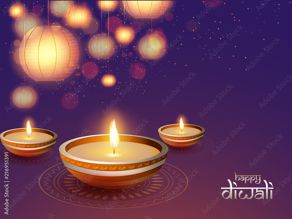 Illuminated oil lamps (Diya) on shiny background decorated with hanging paper lanterns (lamps) and blurred lighting effect for Diwali festival celebration. Illuminated oil lamps (Diya) on shiny background decorated with hanging paper lanterns (lamps) and blurred lighting effect for Diwali festival celebration.