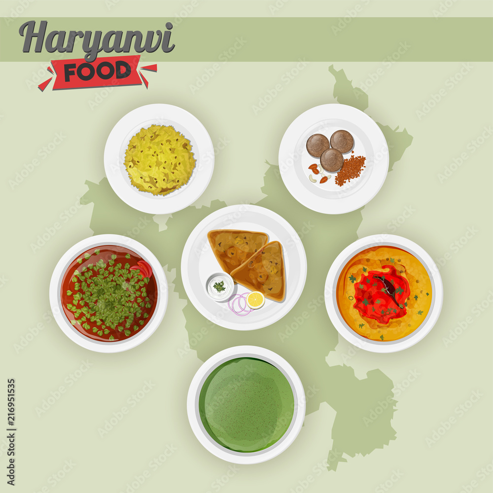 Set of Haryanvi food on green state map background. Set of Haryanvi food on green state map background.