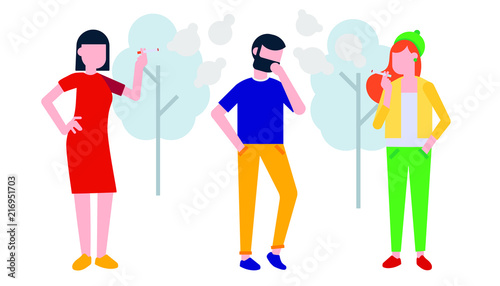 Group of smoking people. Woman and girl smoke cigarette, man coughing in his hand. Concept of passive smoking flat style illustration isolated on white background with trees
