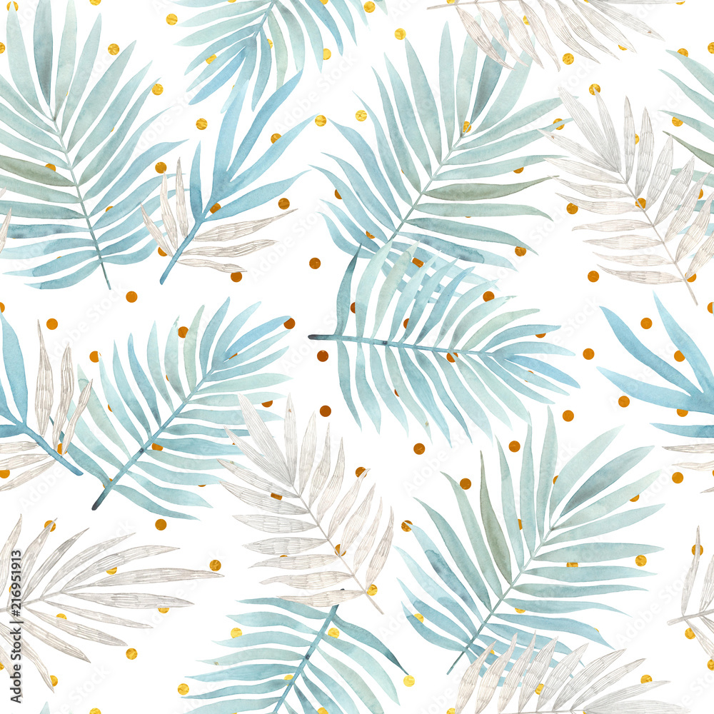Naklejka premium Seamless watercolor pattern with tropical leaves.
