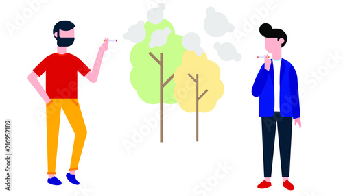 Group of smoking people. Teenager boy and man smoke cigarettes. Concept of smoking lifestyle and bad habits flat style design vector illustration isolated on white background with trees