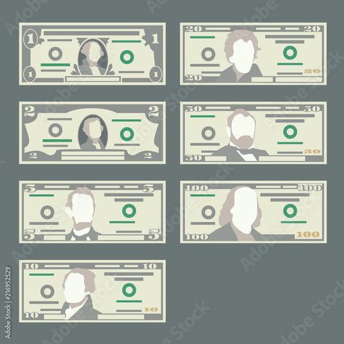 American dollar banknotes collection. Money vector illustration in flat style