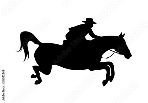 cowboy riding jumping horse - black vector silhouette design