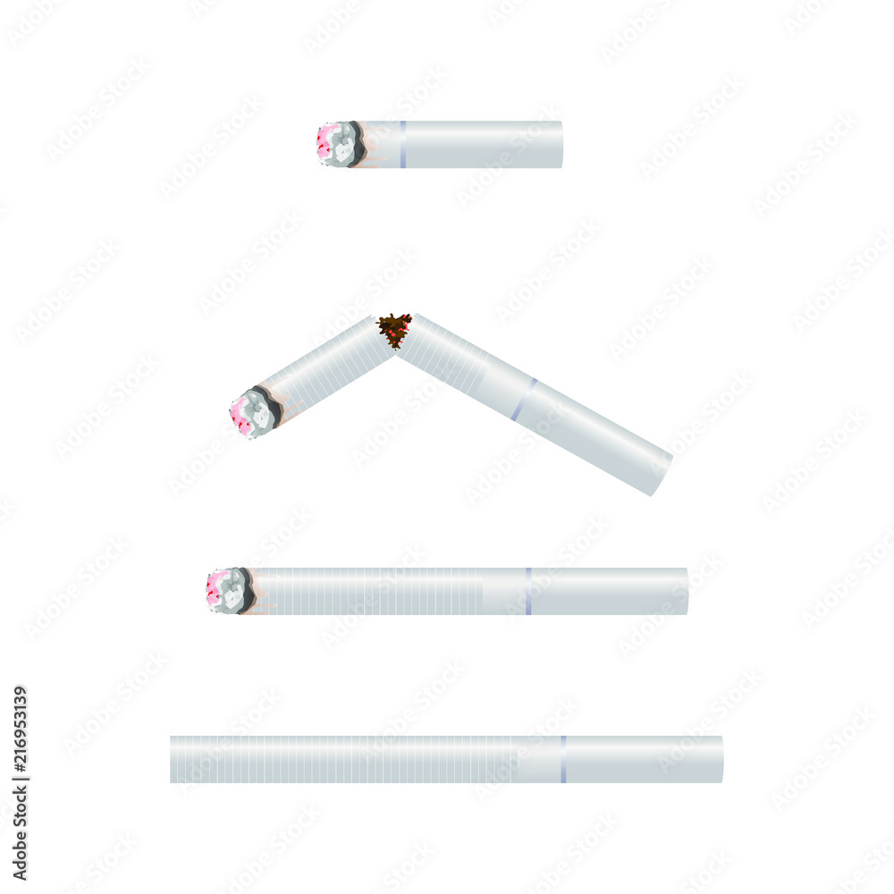 Realistic design of 4 various sizes of white cigarette. Burning, no burning and broken 3d design style vector illustration isolated on white background. Realistic design of 4 various sizes of white cigarette. Burning, no burning and broken 3d design style vector illustration isolated on white background.