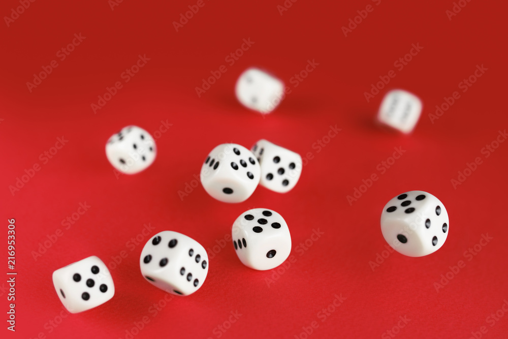 White dice on red background. Board game concept. White dice on red background. Board game concept.