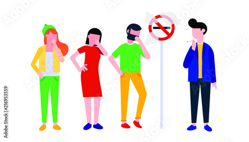Group of people. Boy smokes cigarette near no smoking sign. Man, woman and girl coughing in their hand. Concept of passive smoking flat style illustration isolated on white background
