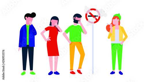 Group of people. Girl smokes cigarette near no smoking sign. Man, woman and boy coughing in their hand. Concept of passive smoking flat style illustration isolated on white background