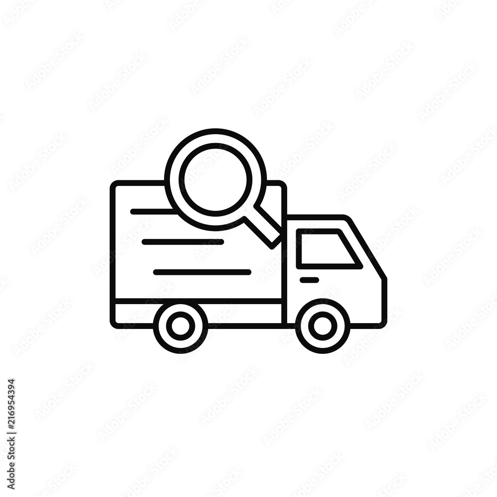 delivery truck search icon. shipment finder, shipment information tracking illustration. simple outline vector symbol design. delivery truck search icon. shipment finder, shipment information tracking illustration. simple outline vector symbol design.