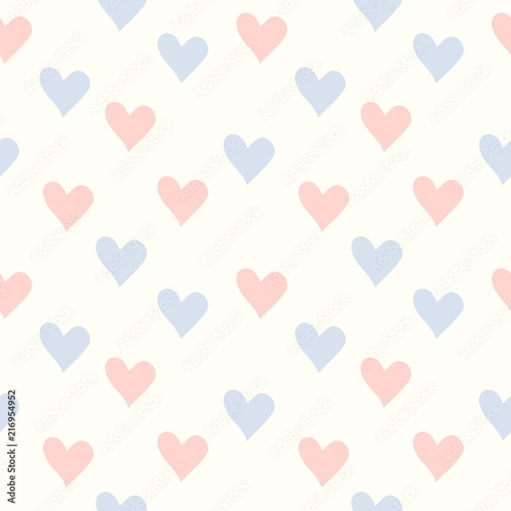 Blue and pink hearts seamless pattern, white background, soft colors