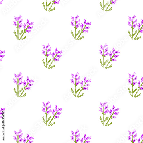 Seamless floral pattern, lavender color, cross stitch style