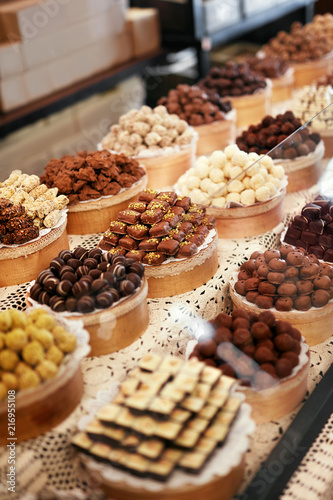 Chocolate Store. Chocolate Sweets On Shelves In Shop