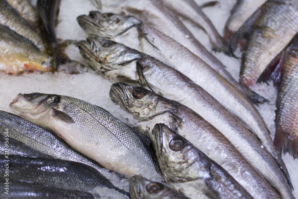 A lot of frozen fish in the ice in the store. A lot of frozen fish in the ice in the store.