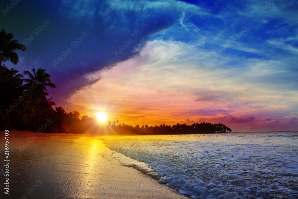 Colorful sunset on tropical beach.Beautiful sky sunset on the ocean.