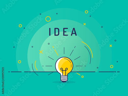 Light bulb with rays shine. Idea symbol.Trendy flat vector on green background. Vector Illustration.
