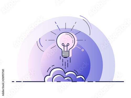 Light bulb rocket launch for idea boost. Trendy flat vector on white background. Vector Illustration.