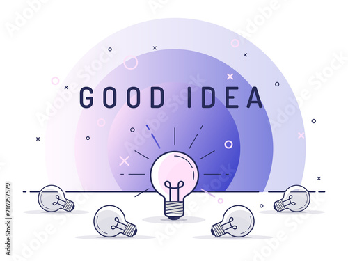 Good idea. Set of laying light bulbs with one hanging and glowing. Trendy flat vector light bulb icons with concept of idea on white background.