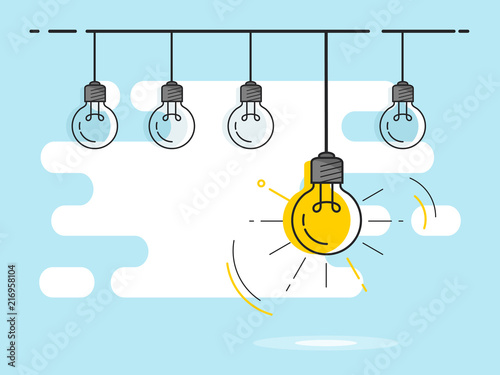 Set of light bulbs socket at the top with one glowing. Trendy flat vector light bulb icons with concept of idea on blue background. photo